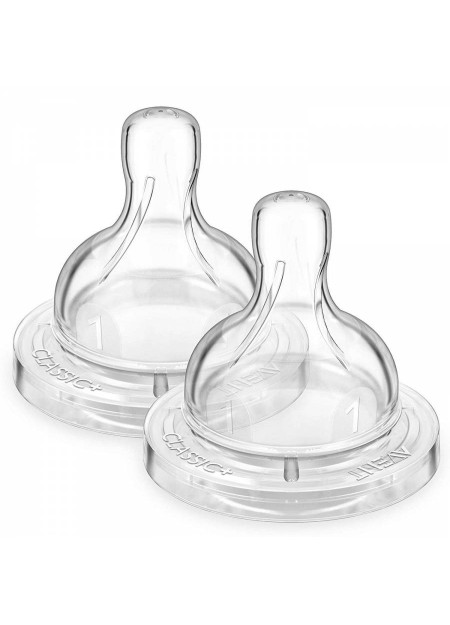 Lot de 2 tétines silicone Classic Transparent 1 trou débit nouveau-né de Philips AVENT